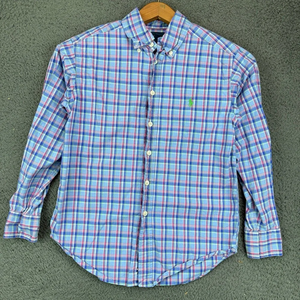 Ralph Lauren Kids Blue Plaid Button Down Shirt Size S 8 Long Sleeve Cotton‎